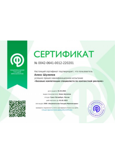 Сертификат Александра Шулепова